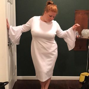Plus Size White Flare Sleeve Scuba Dress